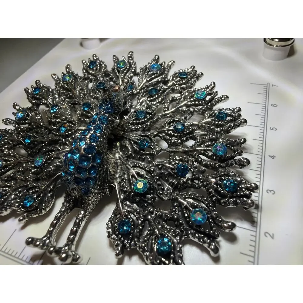 Vintage Large Peacock Brooch Blue AB Rhinestones Silver Tone Statement Pin